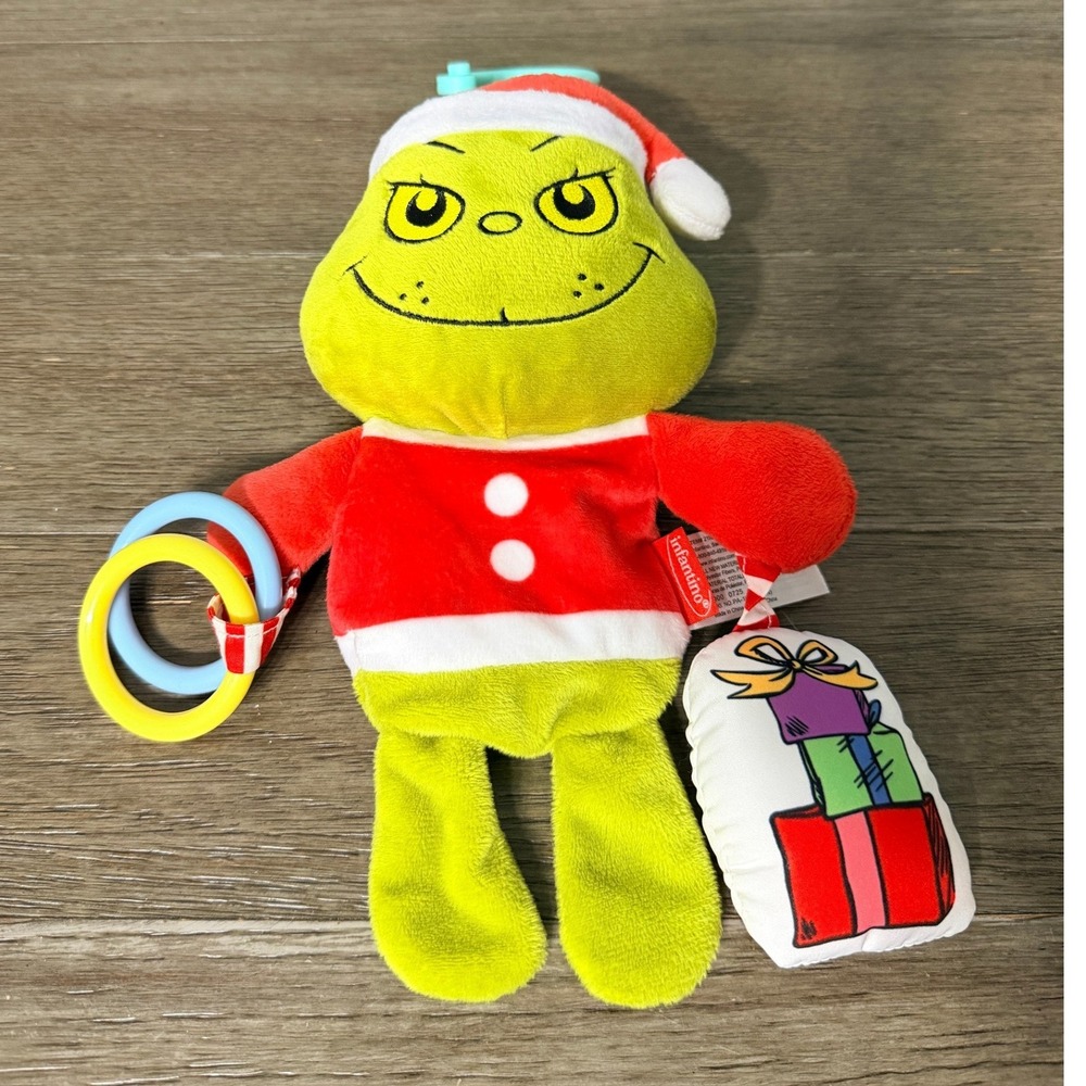 Infantino Dr Seuss The Grinch Christmas Plush Stroller Baby Toy Santa Suit 10"